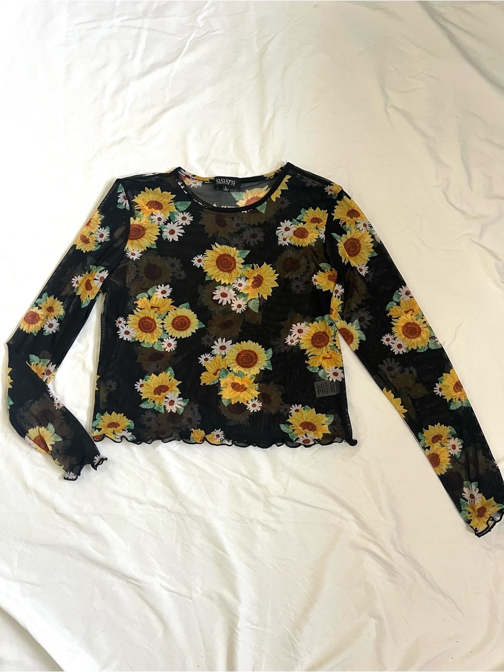 Lala land Creative Co Black Sheer Long-Sleeve Top, Sunflower Print NWT size L